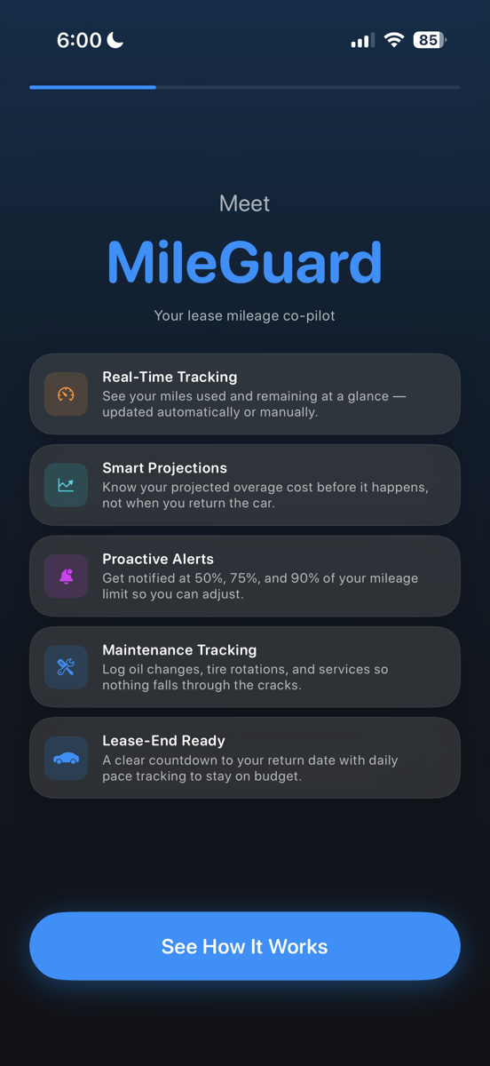 MileGuard features — Real-Time Tracking, Smart Projections, Proactive Alerts, Maintenance Tracking