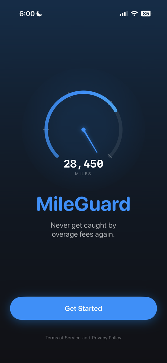 MileGuard app welcome screen showing speedometer gauge at 28,450 miles